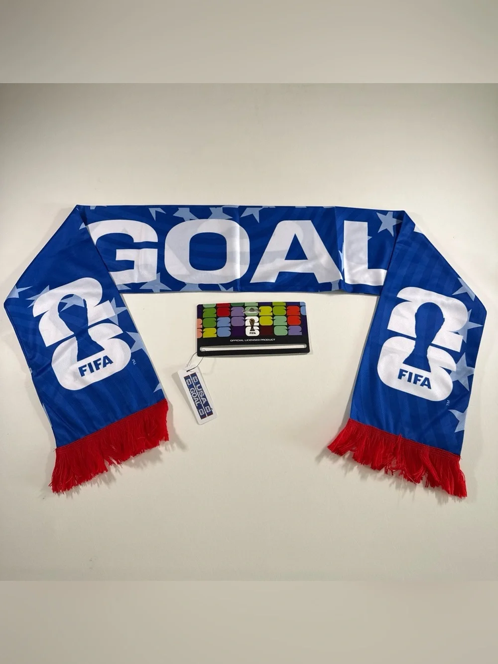 FIFA 2026 USA GOAL Blue Soccer Scarf with Red Fringe